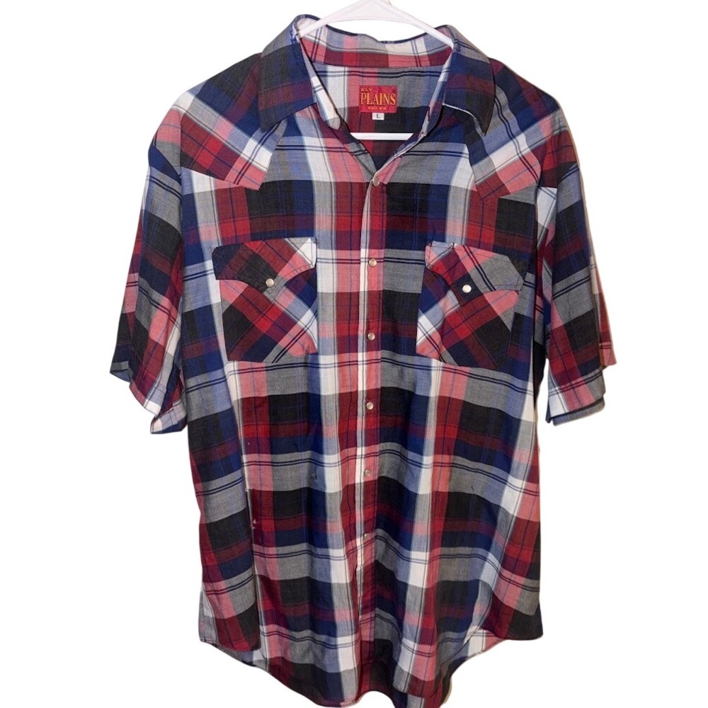 Ely Plains Mens Western Plaid Short Sleeve Pearl Snap Shirt Red Blue Large